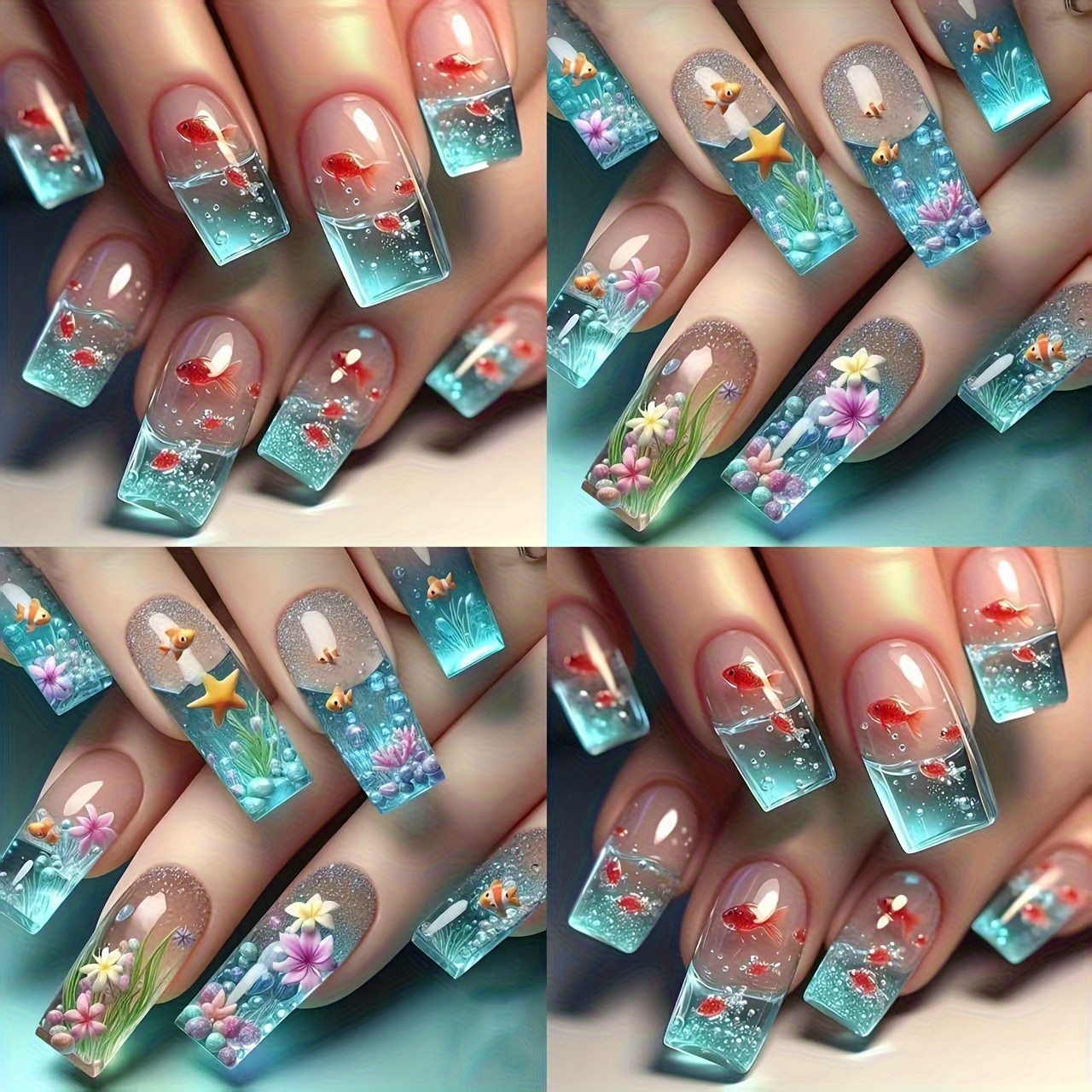 TEMU Style Deep - Sea Mystery Elegant And Romantic Small Fish Wearable Nail Art, Removable, 96pcs