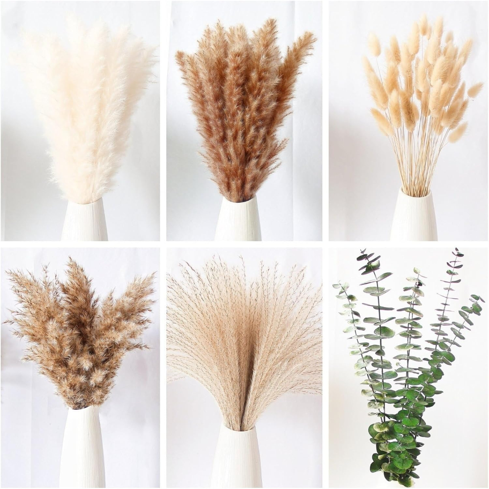 Image of 101pcs Set Of Boho Pampas Grass Decor, Natural Dried Pampas, Rabbit Tail Dried Flowers And Dried Eucalyptus. Perfect For Weddings, Boho Party Decorations