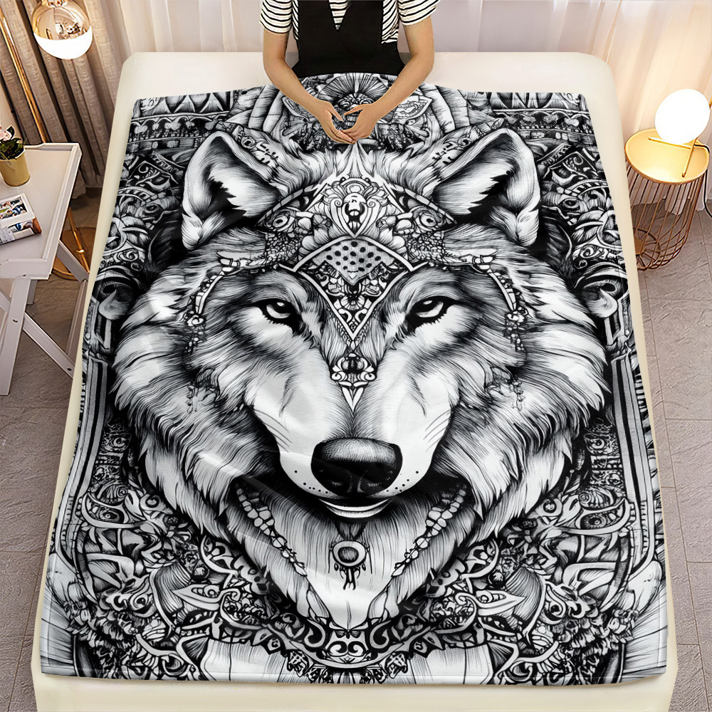 TEMU 1pc Couverture Portable à Motif Loup - Légère, Idéale , , le Camping, les Salons, les Bureaux, les Canapés, les Chaises et les Lits - Tissu Doux