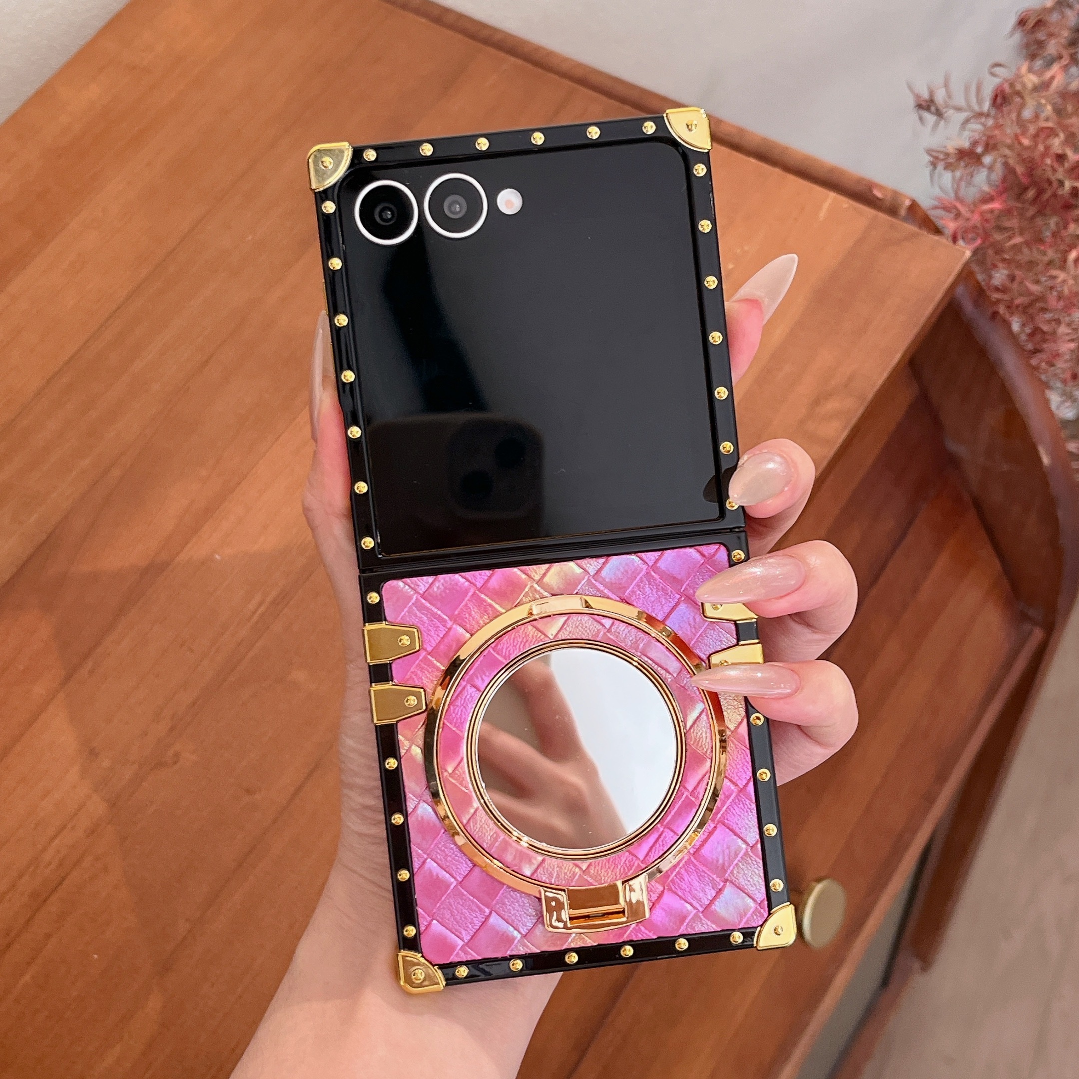 TEMU Phone Case - Light Luxury Electroplated Shell Iridescent Woven Texture Phone Case With Stand And High-definition Makeup Mirror, Suitable For