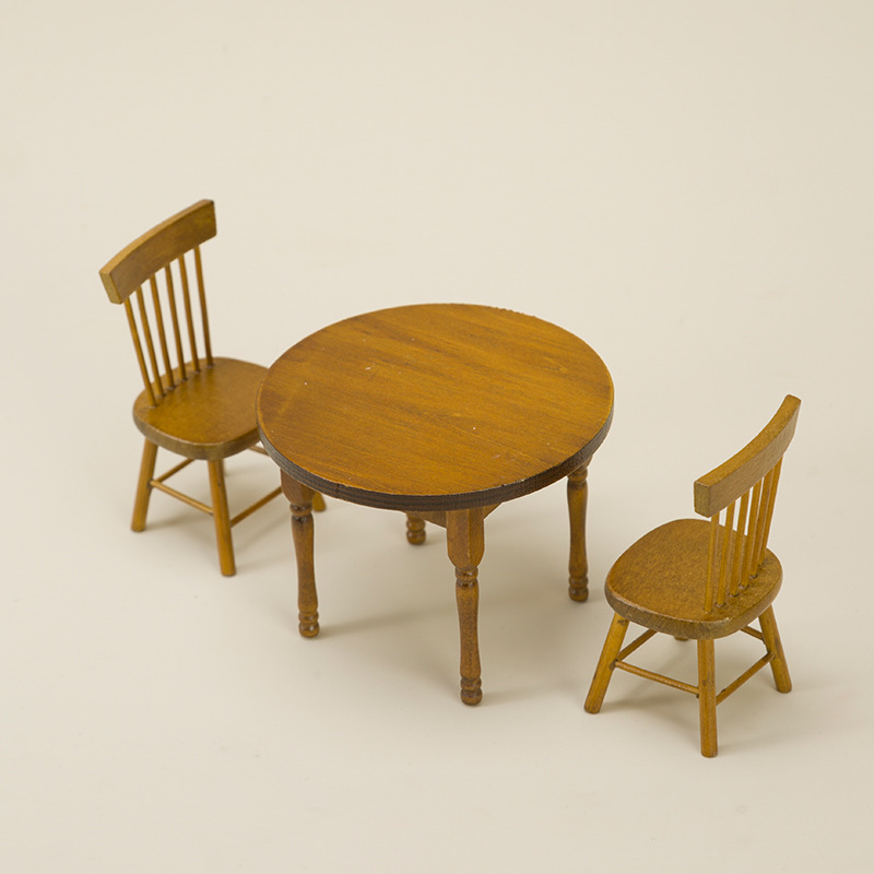 TEMU 1:12 Scale Miniature Solid Wood Round Table And 2 Chairs Set, Dollhouse Dining Furniture For Micro Scene Building, Bjd Collector Display