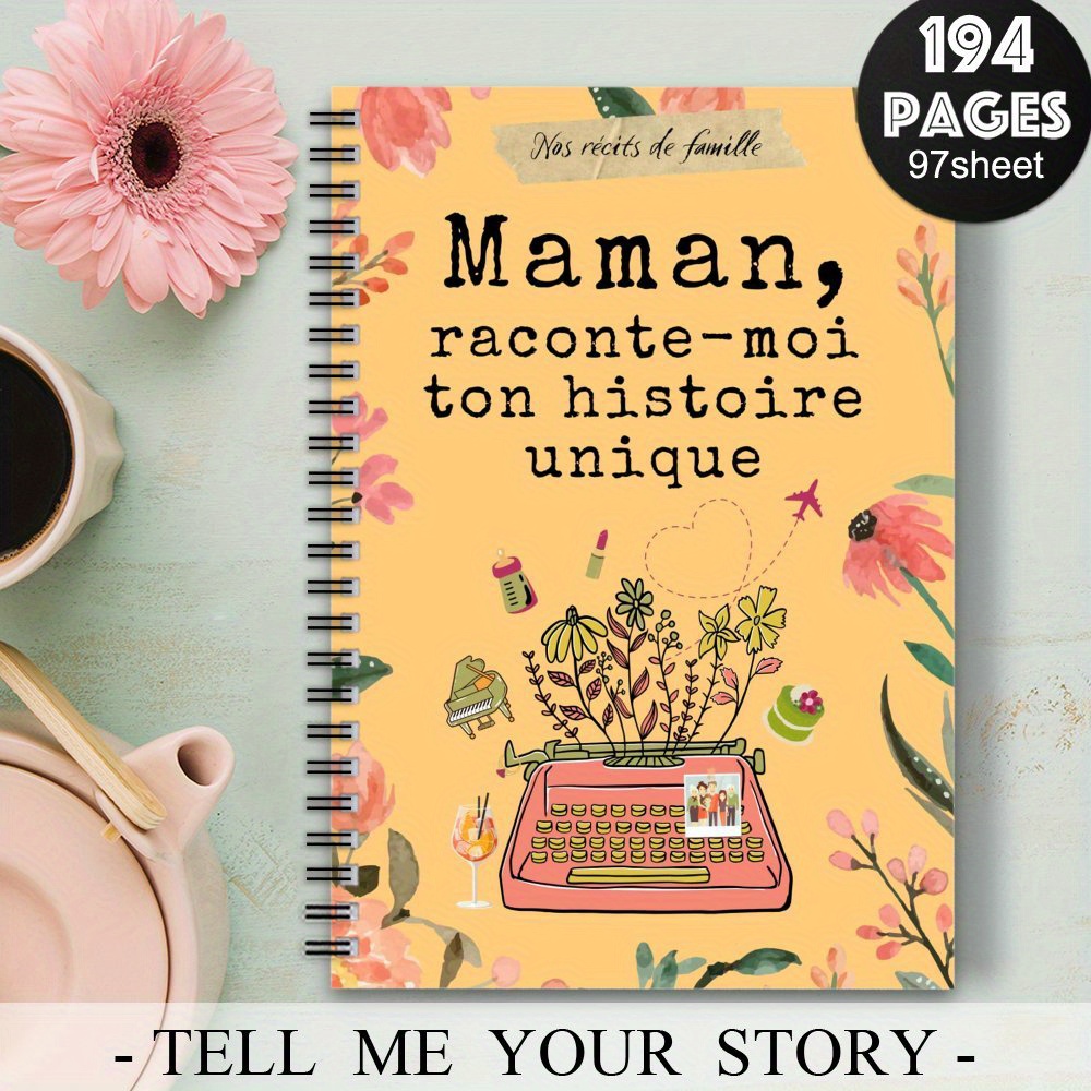 TEMU 1pc Carnet Spirale Esthétique "Maman" - Souvenir Bilingue Français/Anglais pour , Design Vintage Floral avec Questions Émouvantes, 'Or de &