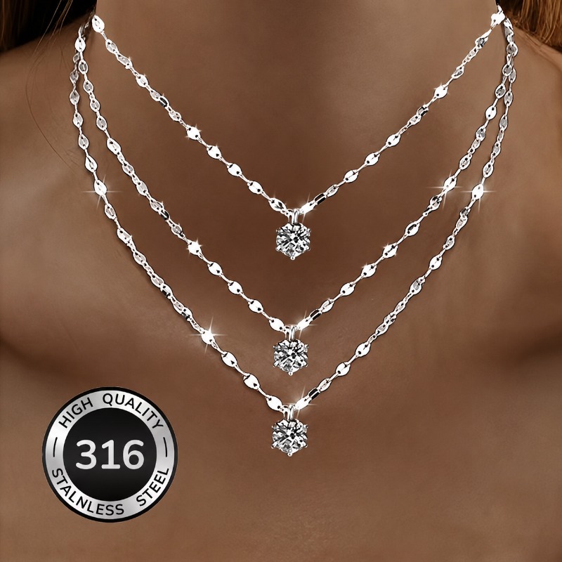 TEMU 3pcs Stainless Steel Lip-shaped Pendant Necklace With A Shiny Six-prong Pendant - Wedding Promise Necklace, Eternal Necklace, Mother's Day,