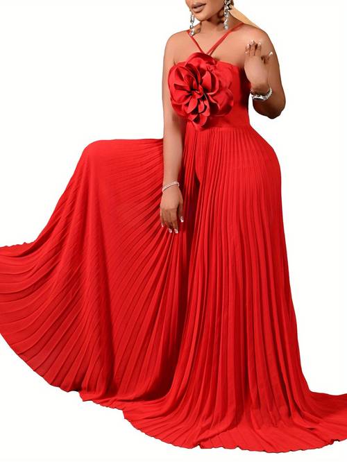 new womens european and hanging neck three dimensional flower solid color wide leg plus size trade jumpsuit
