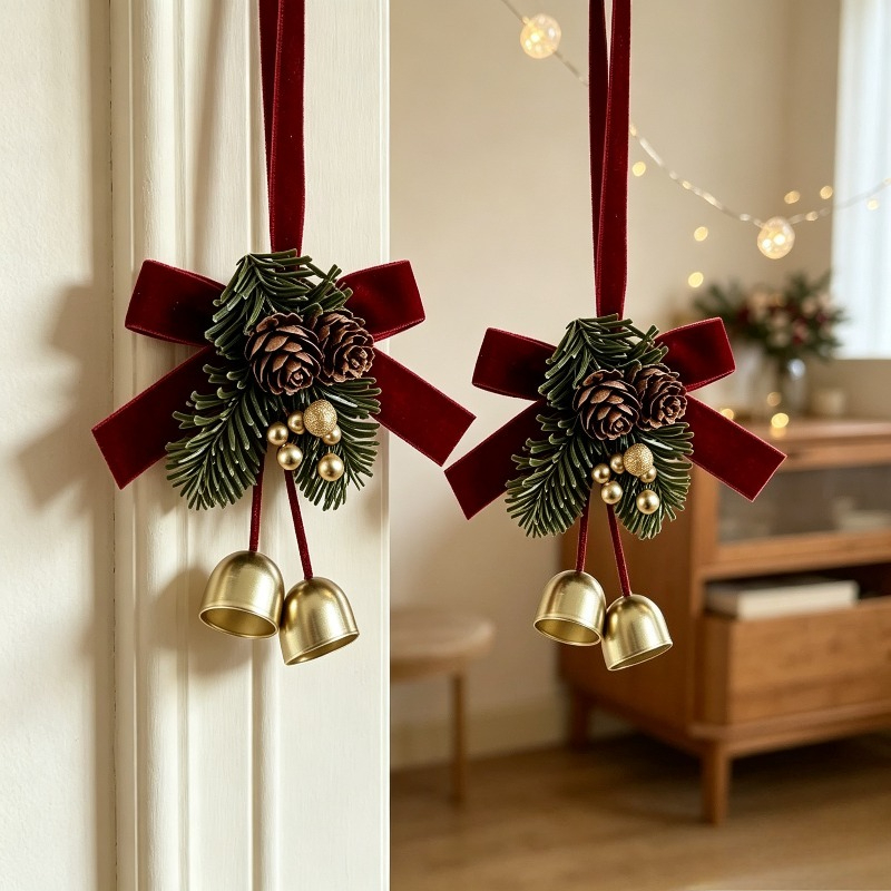 TEMU 2pcs Christmas Bell Pendant, Red Velvet Bow, Christmas Tree Pine Cone Scene Arrangement Supplies, Car Hanging Door Decoration