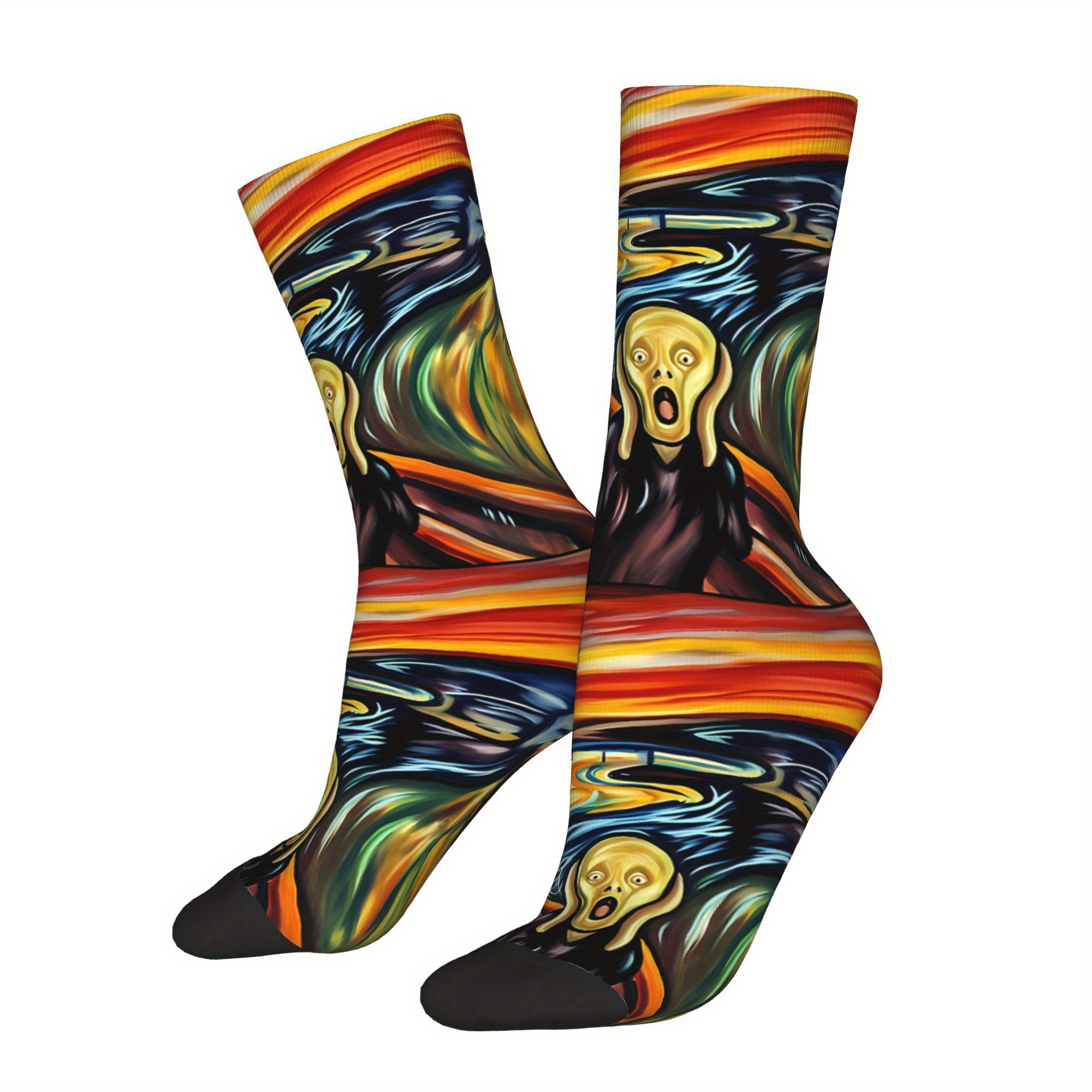TEMU Men's "" Anime Socks - Vibrant Pattern, Black With Design, Polyester Blend, Knit Fabric, Hand Washable, Fashion Socks|artistic Socks|stretchy