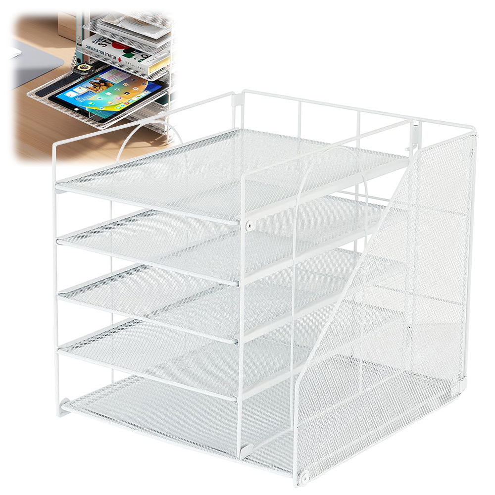 White Metal File Organizer Rack, Document Storage Holder 31 × 30.5 × 31cm, Desktop Book Folder Binder Magazine Storage Shelf For Office Home