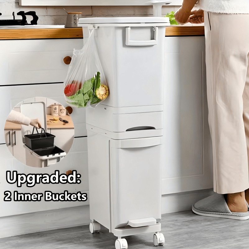 TEMU 3 Layer Narrow Trash Can With Lid - Slim, Large Capacity Dual-compartment Dry And Wet With Wheels & Handles For , Perfect For Kitchen Waste ,
