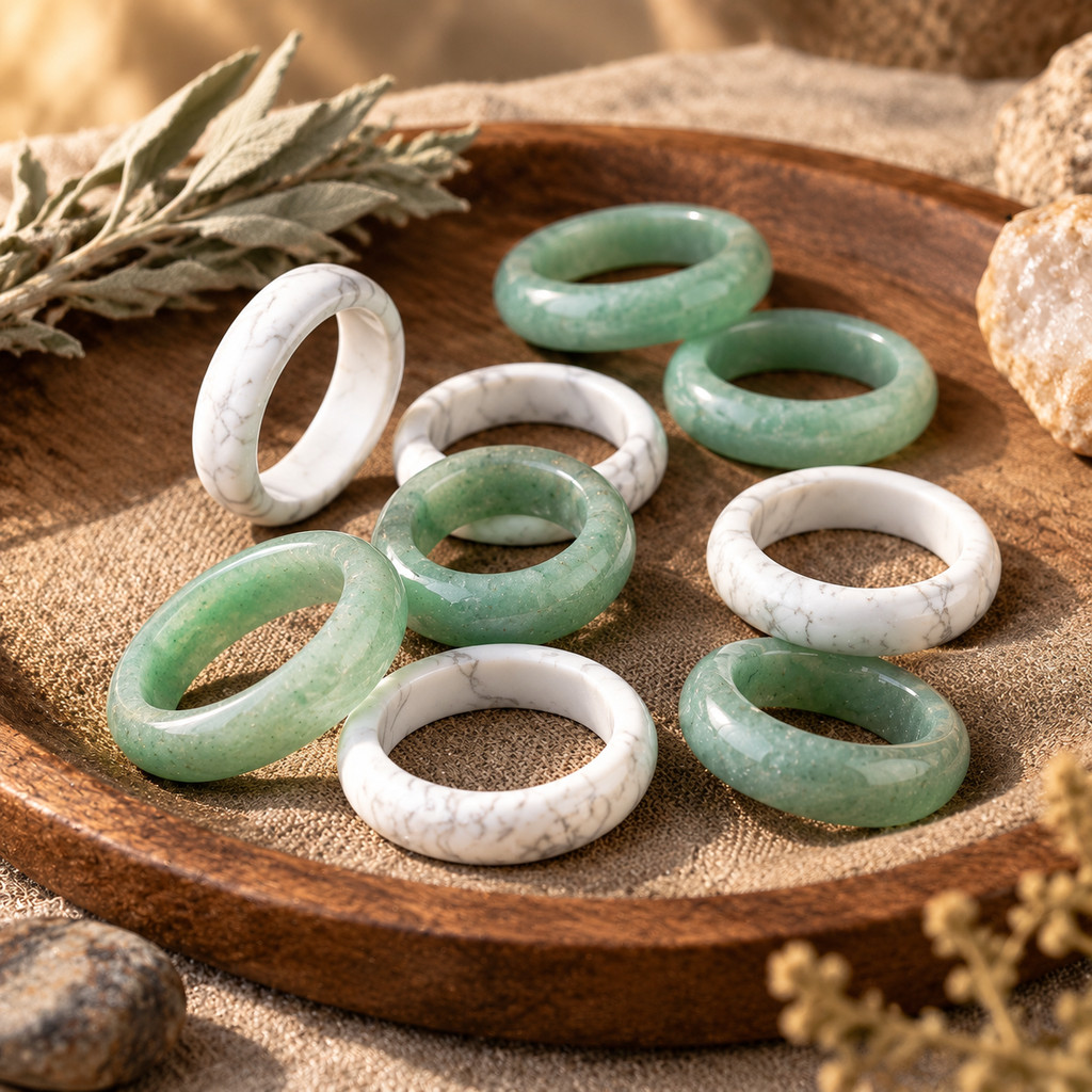 2pcs Green Aventurine & White Turquoise Band Ring Set