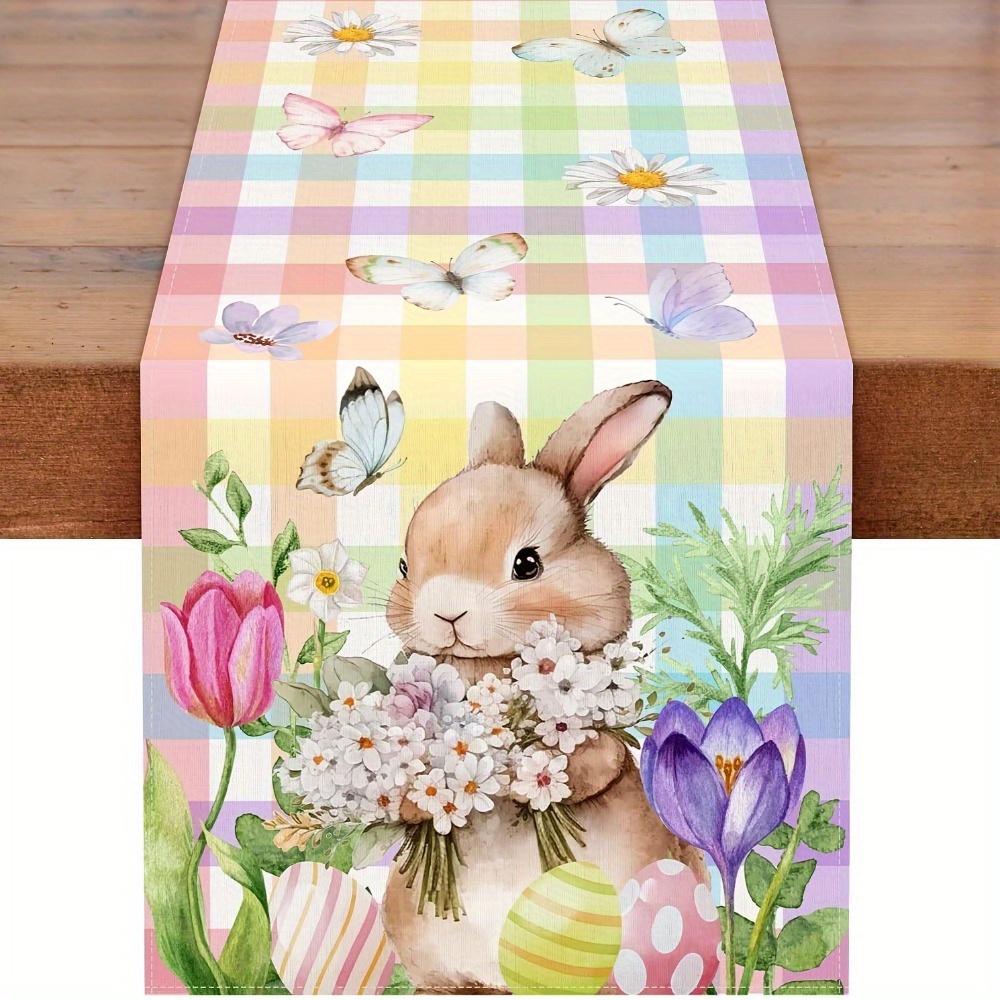 TEMU 1pc Easter Bunny & Linen Table Runner - Farmhouse Decor, Woven Rectangular Tabletop, 33*183cm/ 13*72in, , Natural Linen, Easy-to-clean