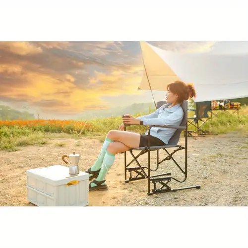 outdoor camping chair portable folding rocking chair with solid durable armrests drink holder and comfortable backrest grey