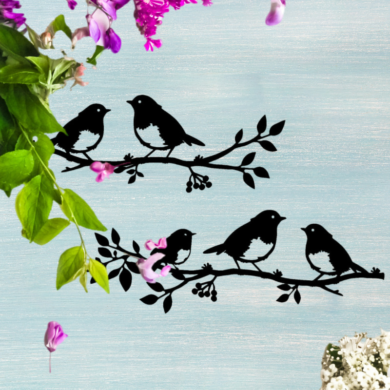 Image of 2pcs Realistic Robin Bird On Branch Metal Wall Art - Outdoor/ Metal Bird Sculpture Suitable For Patio, Living Room, - Elegant Robin Bird Silhouette Decoration, Mother's Day Gift