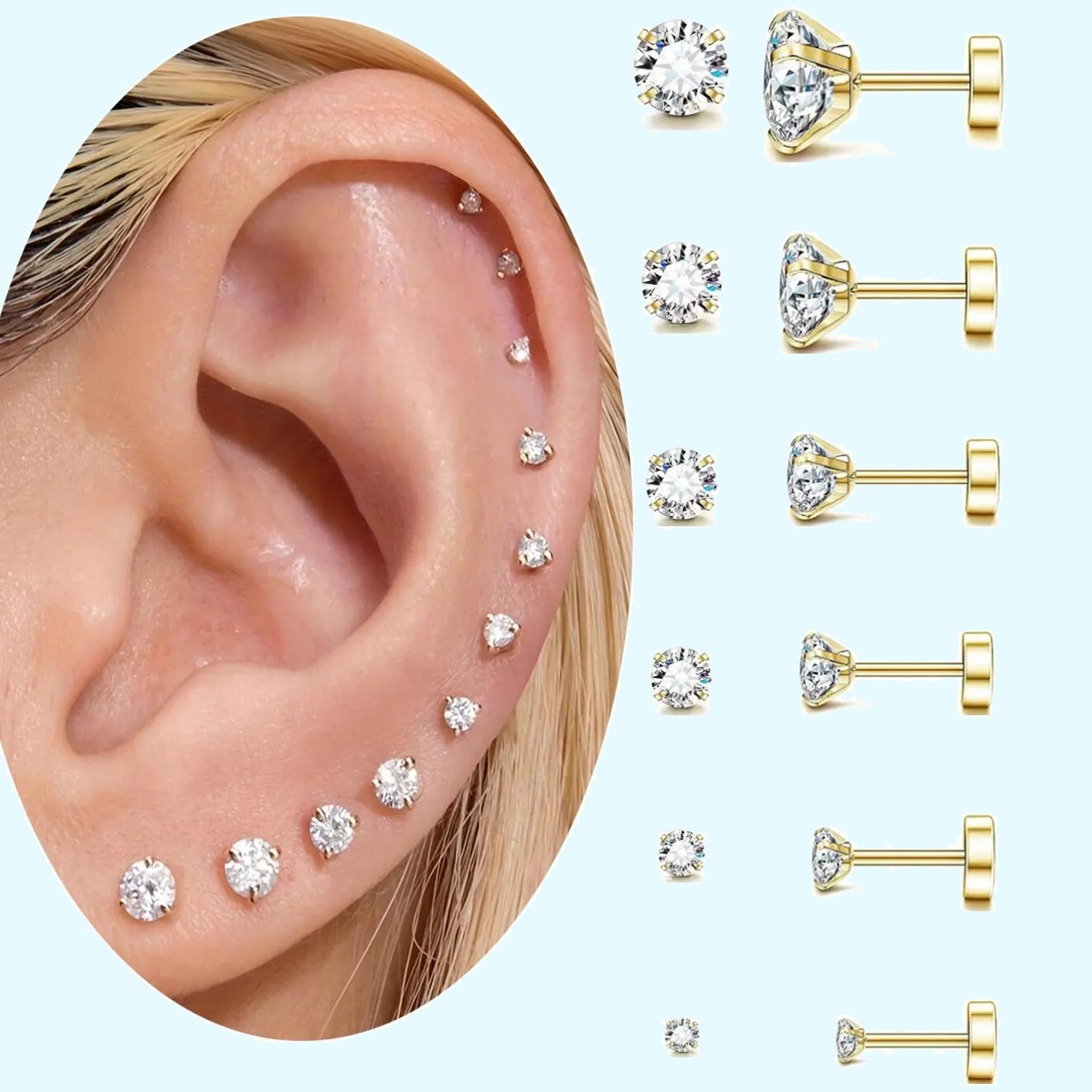 TEMU Set de 6 de aretes, aretes de hueso de con circonita cúbica de acero inoxidable 304, aretes de perforación de cartílago de oreja de 20G, joyería