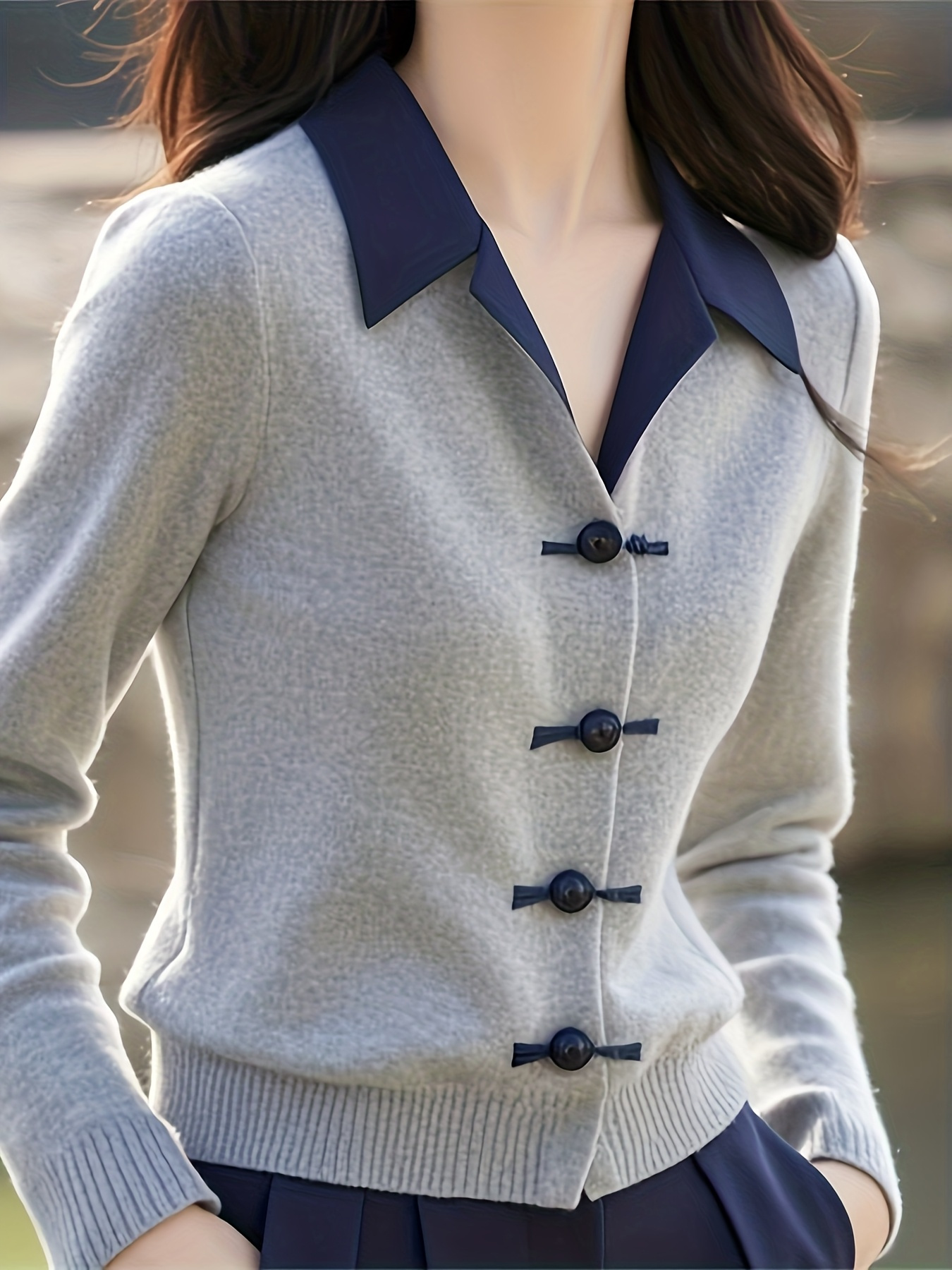 item picture womens elegant chinese collar cardigan long sleeve   knitwear with button front beige and purple contrast trim multi color button closure suitable for casual to formal occasions comfortable womens knitwear traditional style winter