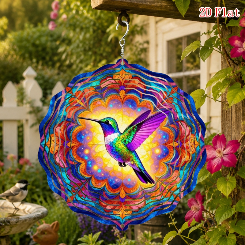 TEMU 1pc, Wind Spinner, Pattern-"hummingbird In Flight Amidst Vibrant Colors" Home Decor Rotating Wind Chime Hanging Ornament, With 360° Infinite