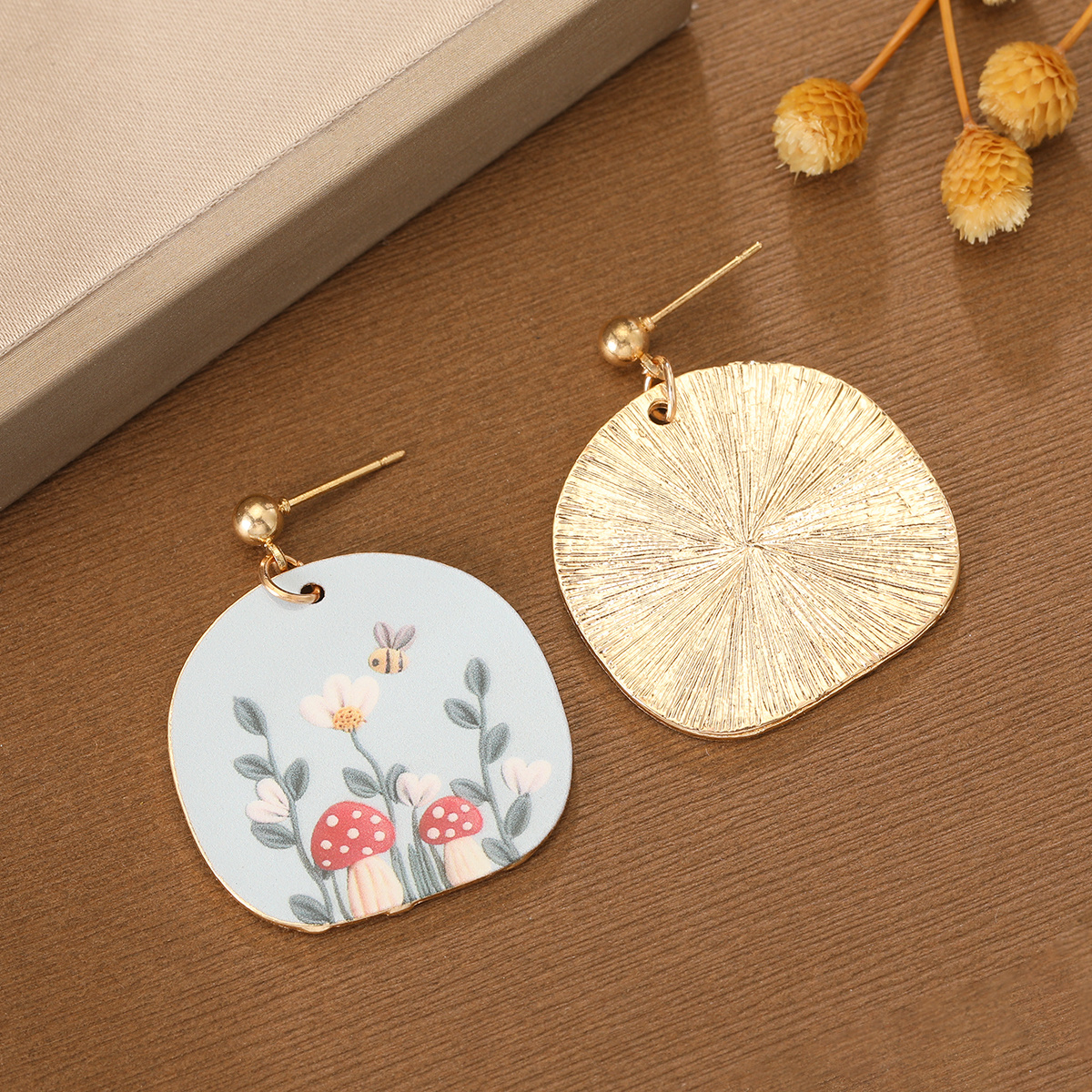Women's Mushroom Floral Bee Print Pendant Earrings, Cute Style