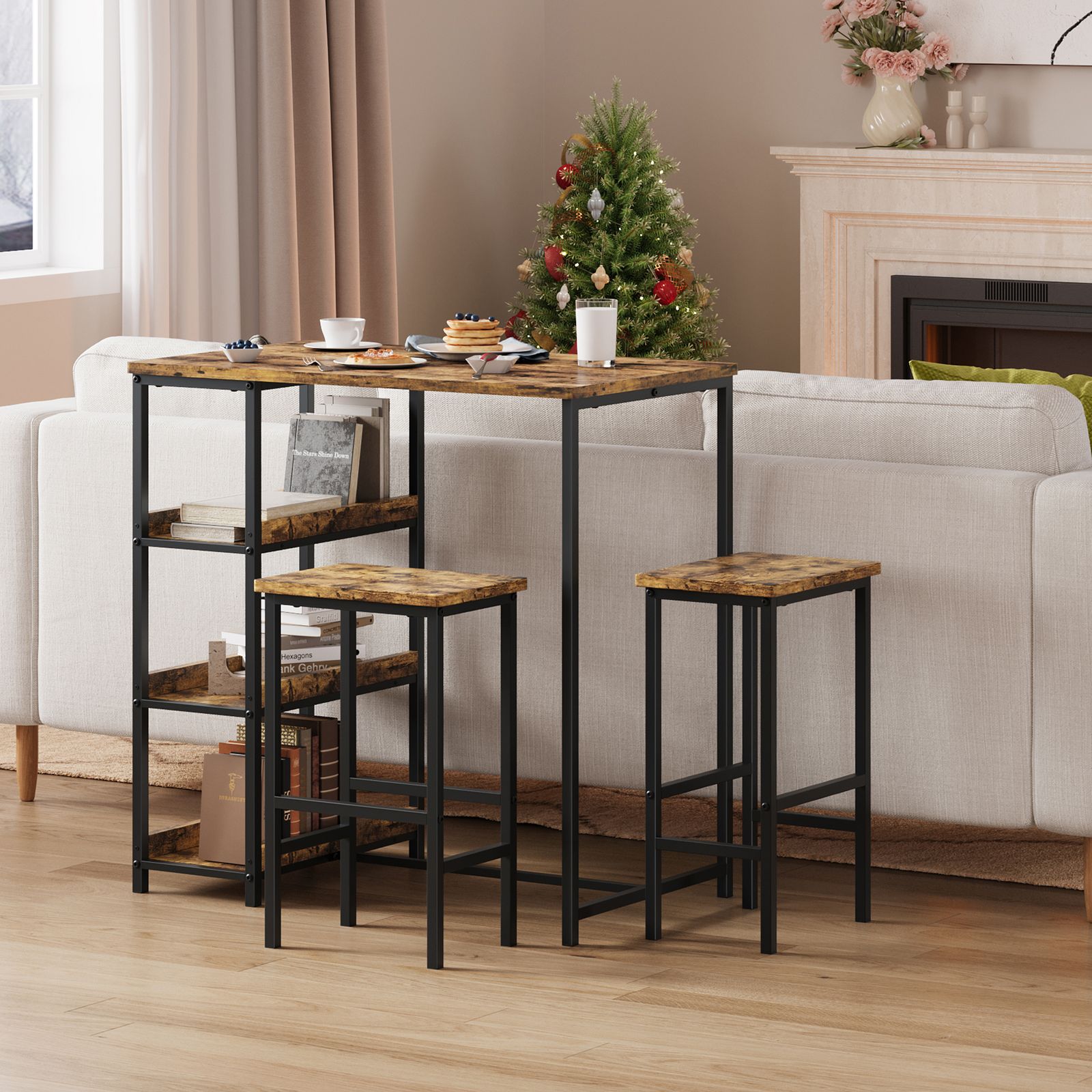 3pcs Modern Space- Bar Table And Stools Set With Rectangular High-top Table & Frame - Compact Dining Table Suitable For Home Kitchen, , Small Spaces, Easy Assembly, Sturdy Metal-compatible