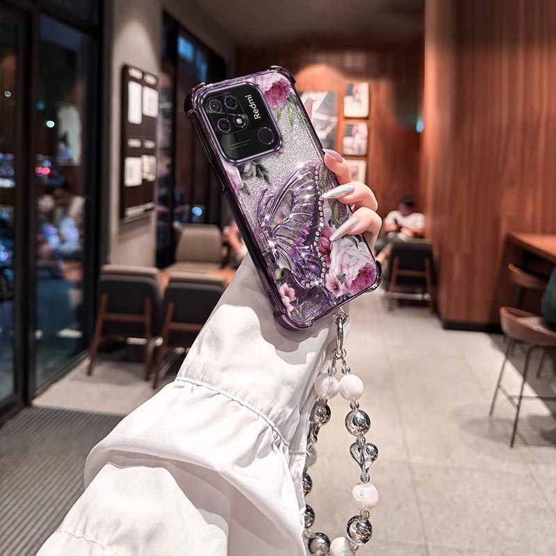 Funda para teléfono: Fundas duraderas 10CPhone, sensación cómoda, diseño encantador de rosa y mariposa con soporte, cordón de cuentas, patrón elegante, ideal para Redmi 10C, ideal para entretenimiento