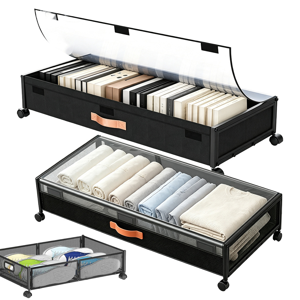 Image of 2pcs Under Bed Storage Box With Wheels And Lid, Metal Frame Large Underbed Storage Box For Clothes, Shoes And Bedroom Home Organization, Under-bed Storage