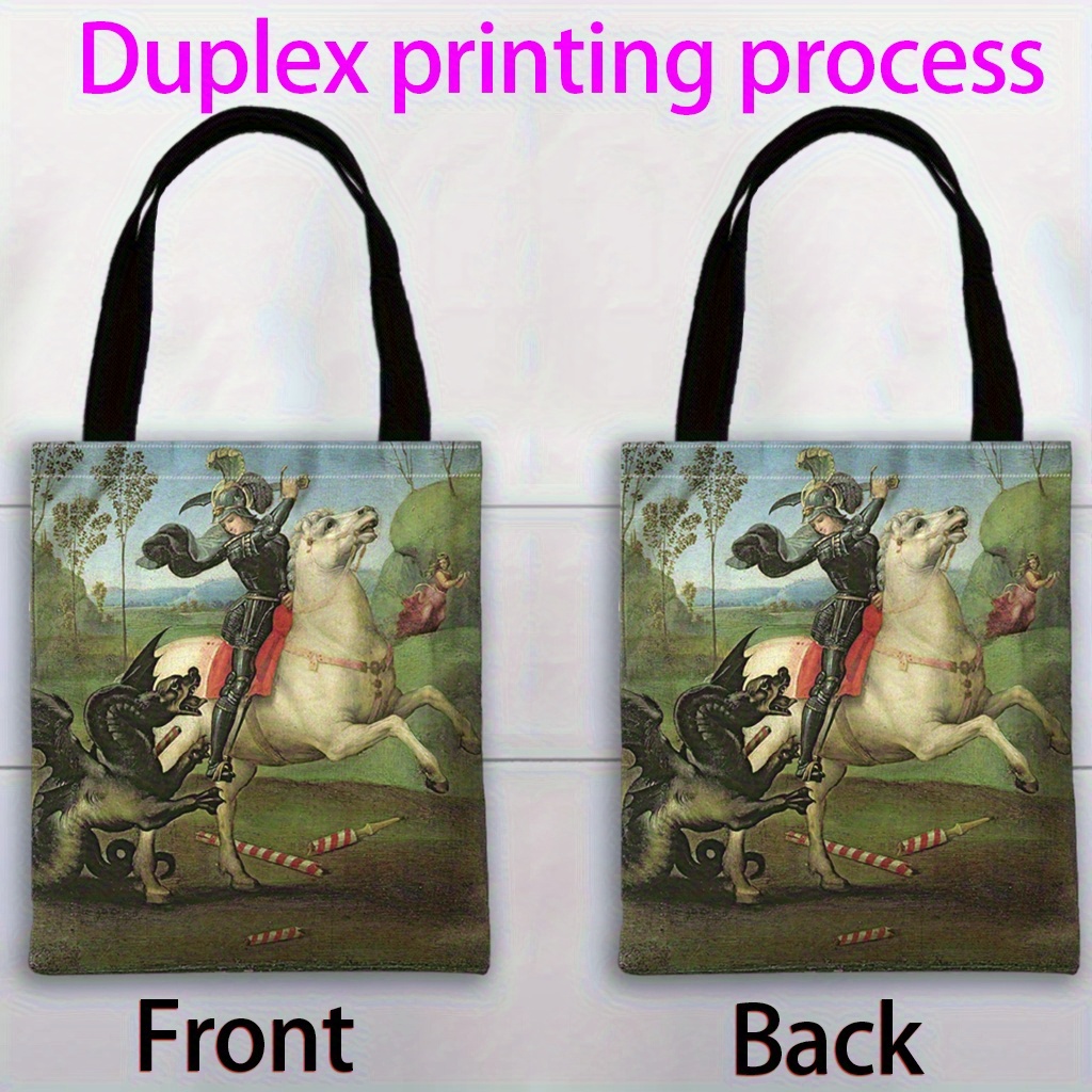 TEMU Sac à Épaule Imprimé d'Art de "Saint Georges et " - Sac Fourre-Tout en Polyester Élégant pour les Courses, l' & Cadeaux , Couleurs Mélangées