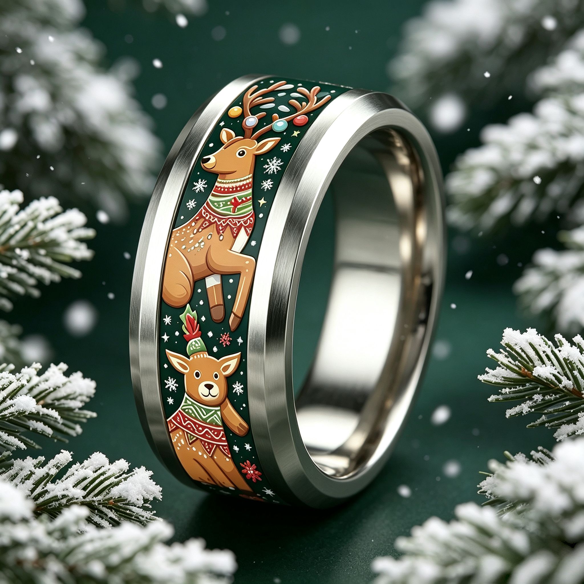 Christmas Double Reindeer Snowflake 304 Stainless Steel Ring