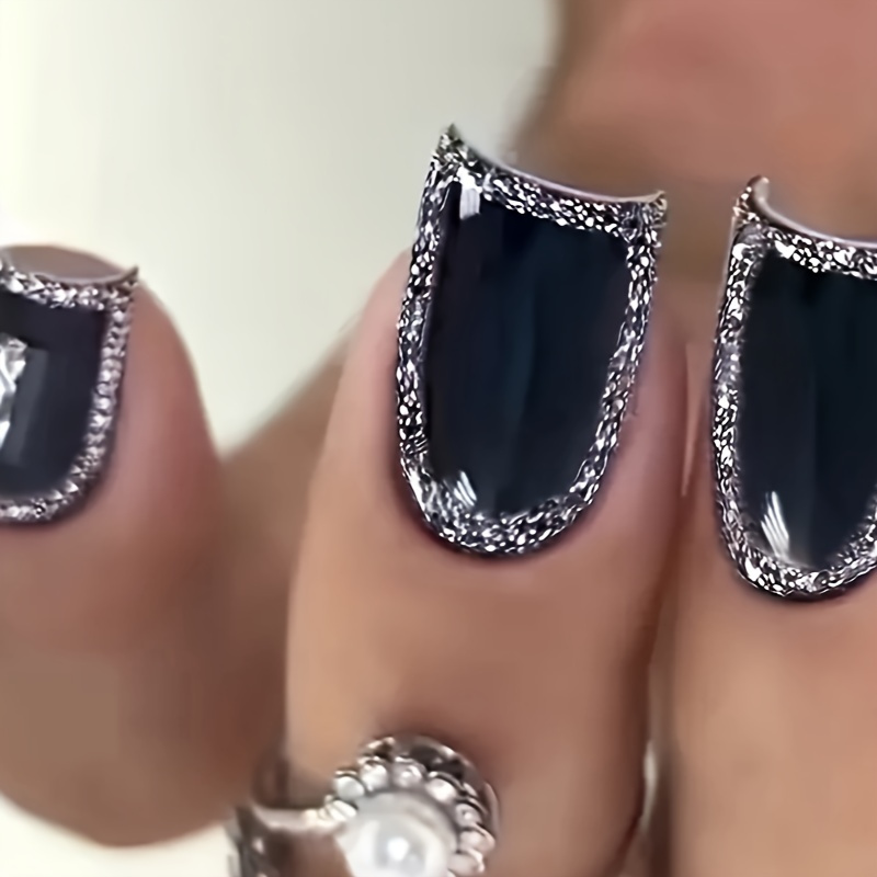 TEMU 48pcs Short Press-on False Nails - Square Y2k Black Nail Glitter Design With 1pc Jelly Glue & 1 Nail File, Glossy Finish, Manicure Kits, Nail Art Supplies | Y2k Nail Design | Glossy Finish Nails