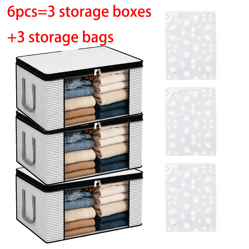 TEMU 6pcs Set (3pcs Extra Large Gray Striped Foldable Storage Boxes And 3pcs Shoe Storage Bags), Window-view With Zipper And Lid, Reinforced Handle