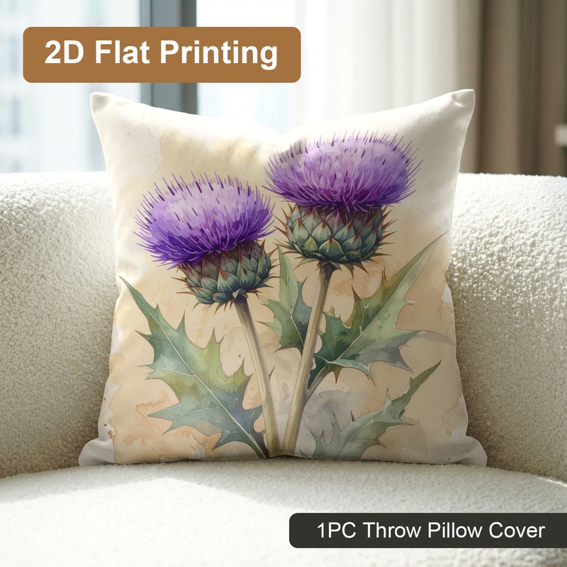 TEMU 1pc Printed 2 Purple Thistle Prickly Green Leaves Gentle Serenity Calm Pattern 18 X 18 Inch (45 X ) Pillowcase Polyester Double-sided Durable