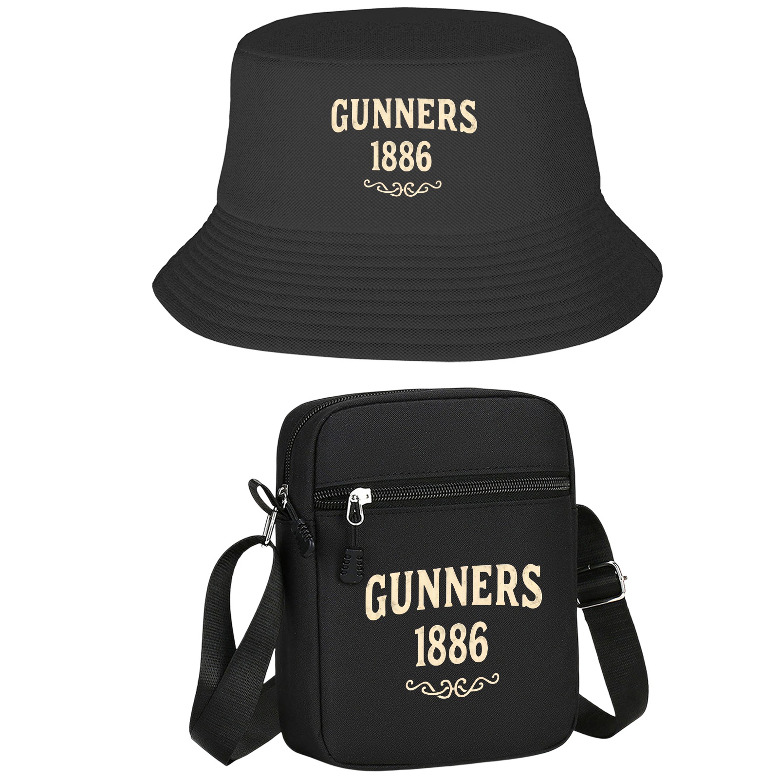 TEMU 2pcs Gunners 1886 Set Gunners 1886 Single Shoulder Bag & Bucket Hat Combo, Stylish Urban Streetwear Unisex Matching Additions For Daily Outing,