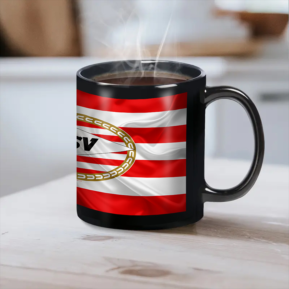 1pc 11oz PSV Logo Keramische Mok - Duurzame Beker voor Heet & Koud Drankje, Zwart met Rode & Witte Strepen, Gouden Cirkel Ontwerp - Ideaal voor Kantoor, Thuis, en Cadeau