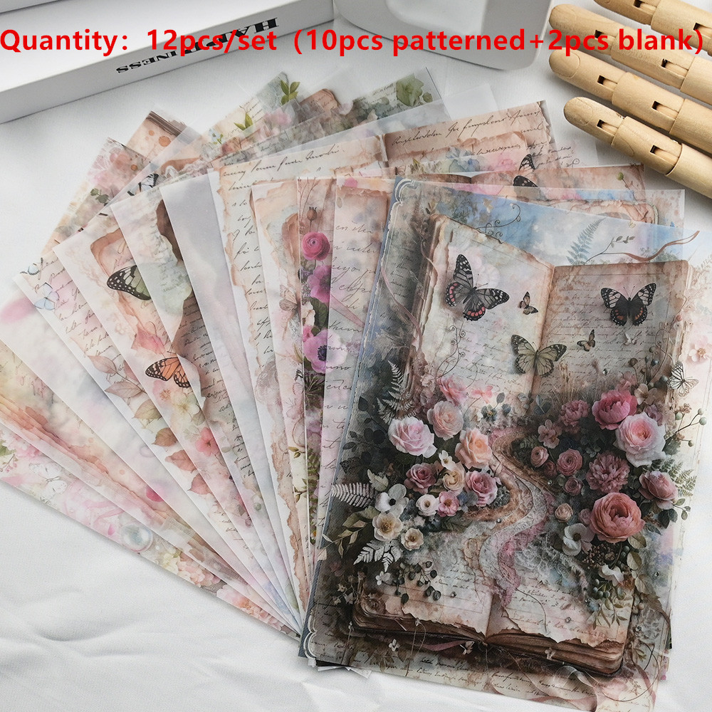 E-shop 12er-Pack durchscheinendes Sulfatpapier, geeignet für Scrapbooking, Vintage-Distressed-Bastelbögen mit Frühlings-Teetasse & Designs,