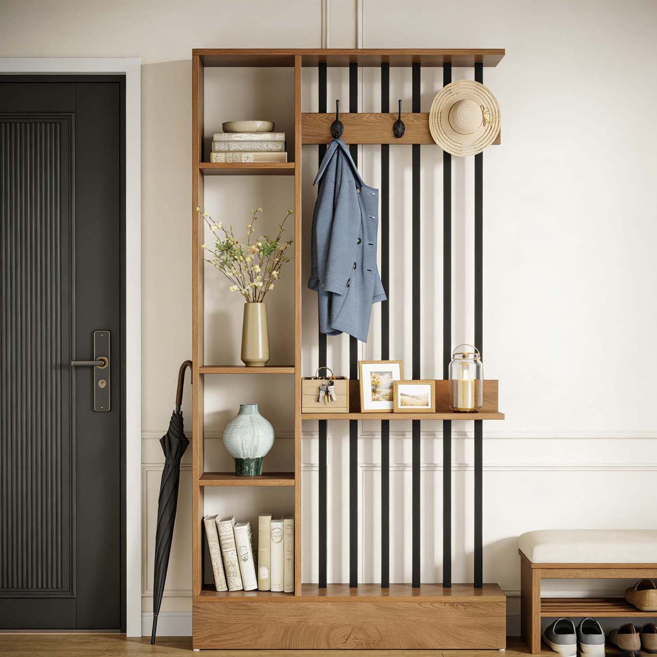 TEMU 71' Wood Freestanding Room Divider, Wall Partition Bookcase With Shelves & Coat Hooks, Modern Decorative Screen For , Brown