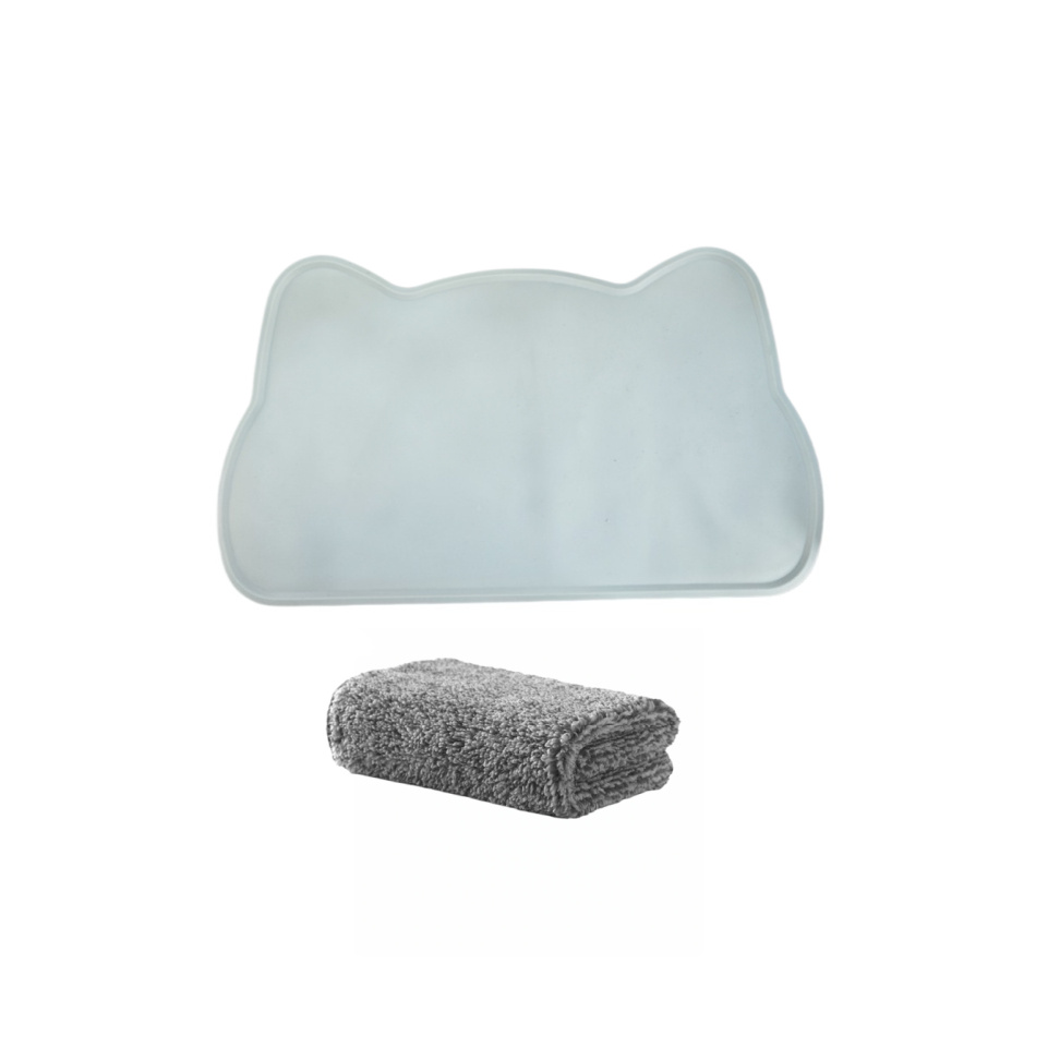 TEMU 1 Parure Tapis d'Alimentation pour Animaux à Oreilles de Chat + Serviette de 25 cm, Tapis -Déversement et Antidérapant pour Chats et Petits