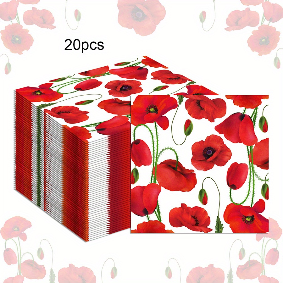 TEMU 20pcs Serviettes en Papier Fleurs de Coquelicot Rouge Vibrant - Idéales pour les Célébrations de Printemps, Mariages, Saint-Valentin,