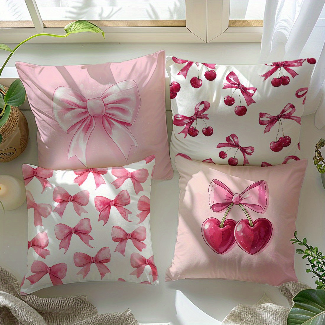 TEMU Pink Bow And Cherry Pattern Pillowcase, 4pcs, 2d Flat Printing, Romantic And , Suitable For Home Reading Nooks, Bedside Decor, And Dorm Bedding,