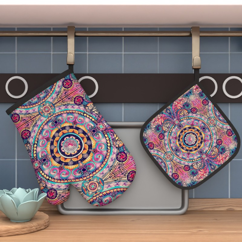 

Bohemian Floral 2pcs Set: Heat-resistant Oven Mitts & Pot Holders, 10.6x6.7 Inch - Cooking, Baking & Kitchen Decor, Machine Washable