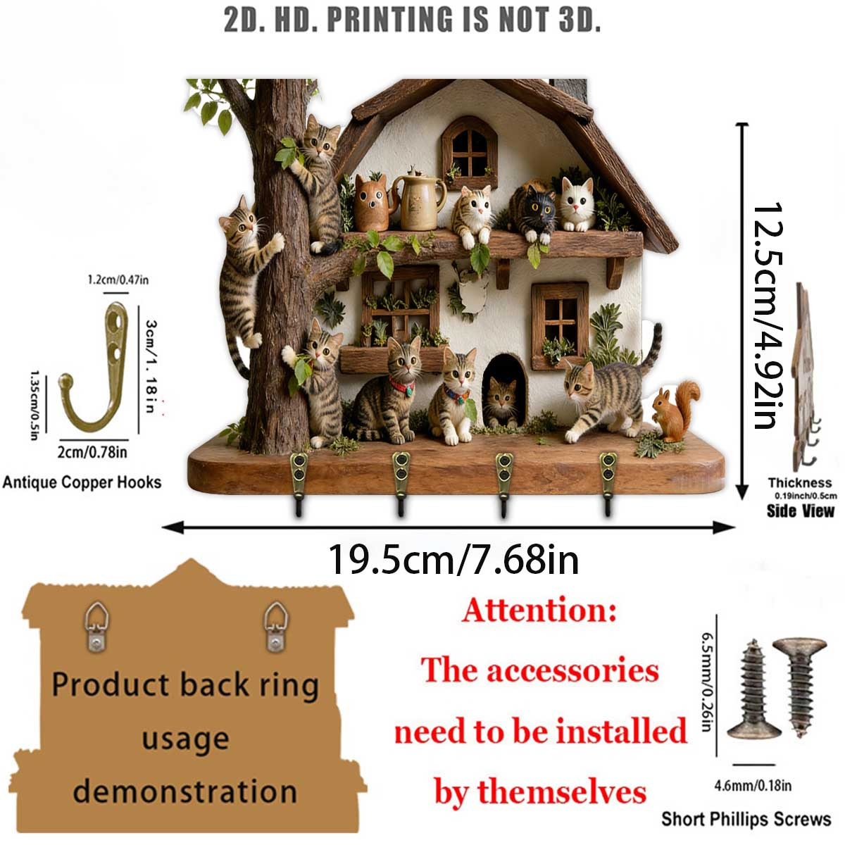 E-shop Katzenhaus-Schlüsselhaken, . Holz-Multifunktions-Schlüsselablage für Zuhause, inklusive vier Metallhaken, Wanddekoration, Verandadekoration,