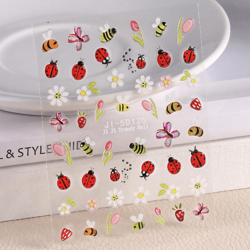 TEMU 1pc Cute Cartoon Embossed Stickers Featuring Insects, Flowers And Fruits For Nail Art, Including Adorable Bees, Ladybugs, Butterflies, Tulips,