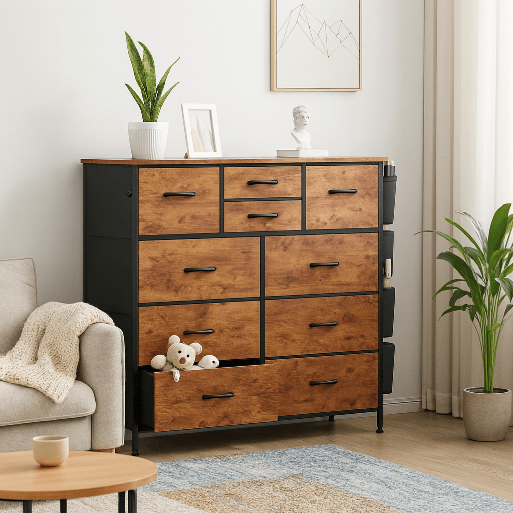 10-Drawer Storage Cabinet with Side Pockets | Wardrobe Organizer Boxes, Suitable for Bedrooms, Entryways, Living Rooms, Black, Contemporary Style, Hardwood and Particle Board Material, OLIXIS Brand