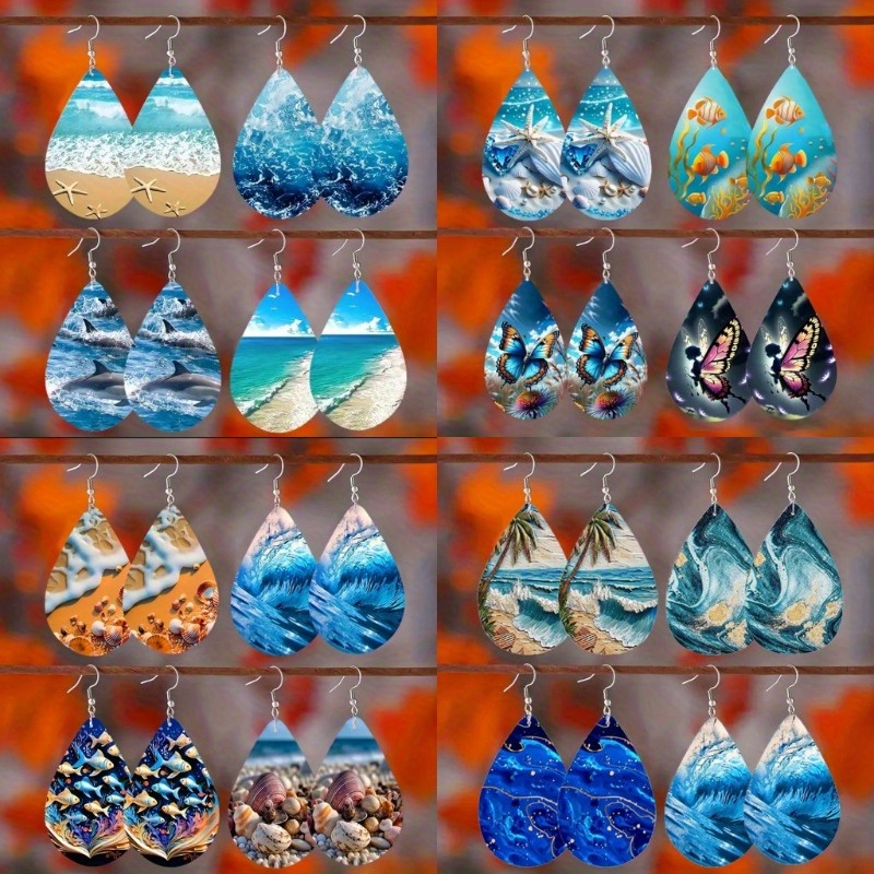 TEMU 32pcs/ 16pairs/ Pack Boho Goth Leather Fashion Swing Ocean Beach Teardrop Drop Earrings For Vacation Jewelry Girls And Women Gifts