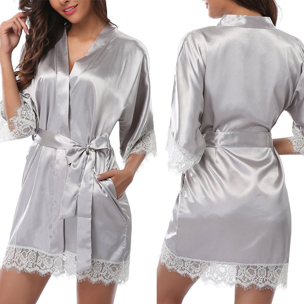 

Women's Night Robes, Medium Sleeve Lace Smooth Robes, Bridesmaid Bridal Party Satin Robes, Sleepwear With Removable Waist Belt