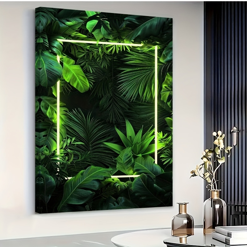 TEMU Art sur Toile Néon 2D Plat - Décoration Murale Moderne avec Feuilles Vibrantes & Effet , Cadre en Bois , 40,64x60,96cm ou 60,96x91,44cm, Parfait
