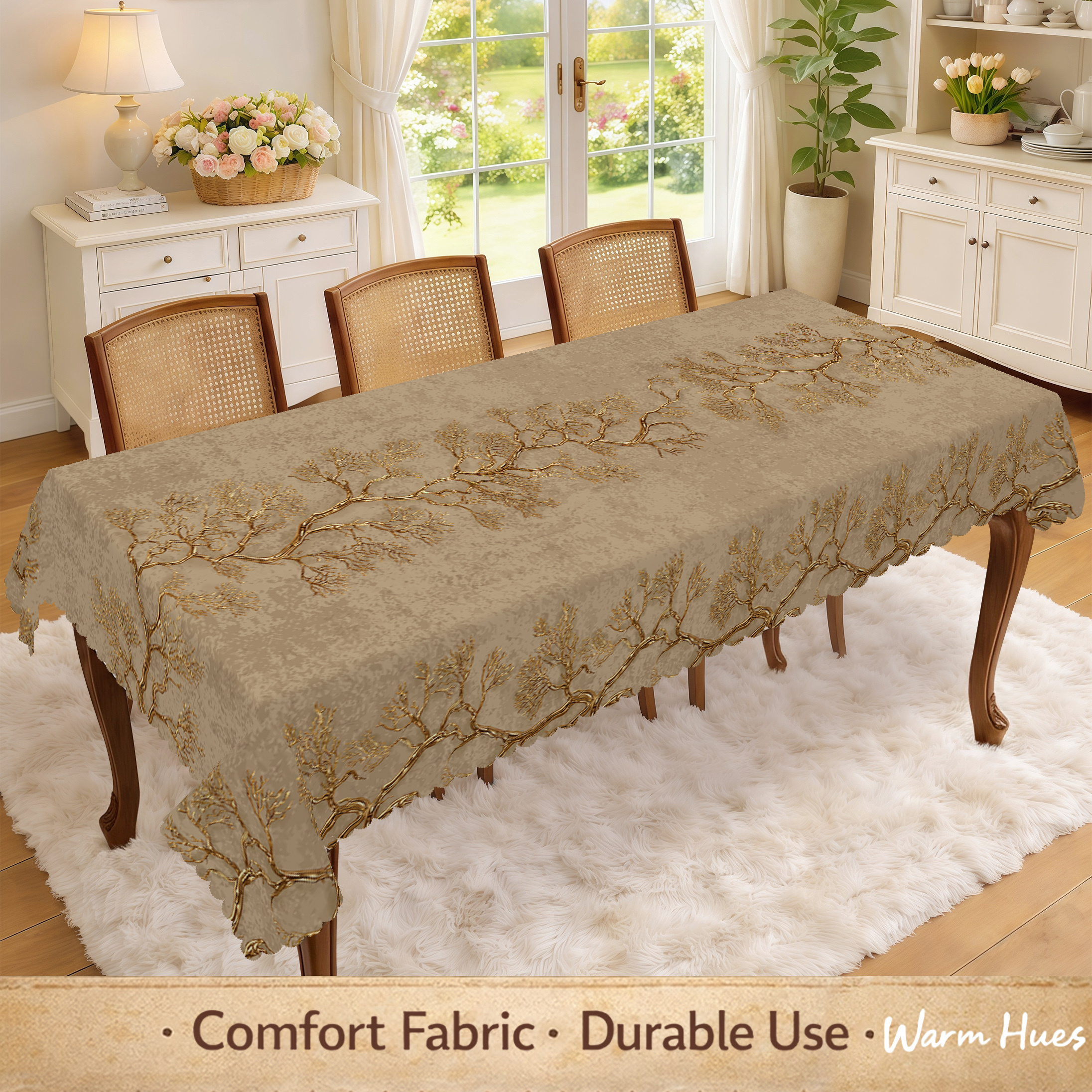 1pc, Vintage Golden-Brown Tree Tablecloth, Elegant Golden Branch Print with Intricate Twigs And Leaves, Artistic Nature Design on Textured Beige Background, Botanical Style Table Cover for Dining Room, Kitchen And Home Decor, 7 Sizes Available