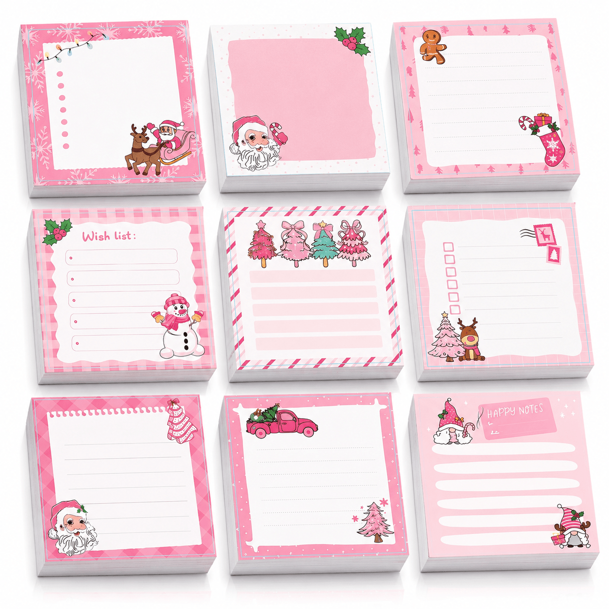 TEMU 9-pack (9 Styles) Pink Christmas Sticky Notes Suitable For Diary, Gift, School & Office - Self-adhesive Square Notes With Santa, Reindeer,