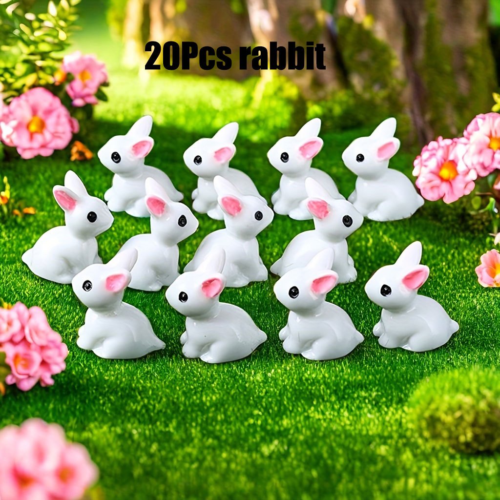 TEMU 20pcs White Resin Cartoon Rabbit Ornaments With Pink Ears - Moss Micro Creative Cute Animal Rabbit Decorations, Diy Decor/vase Filler, Office