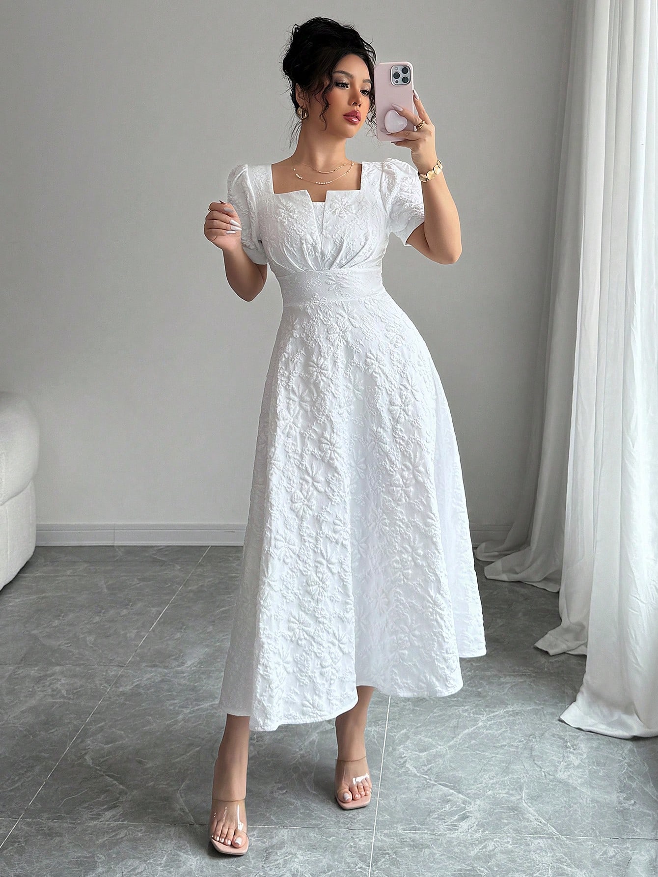 Women'S Spring Summer Square Neck Short Sleeve Jacquard Fabric Dress Z110