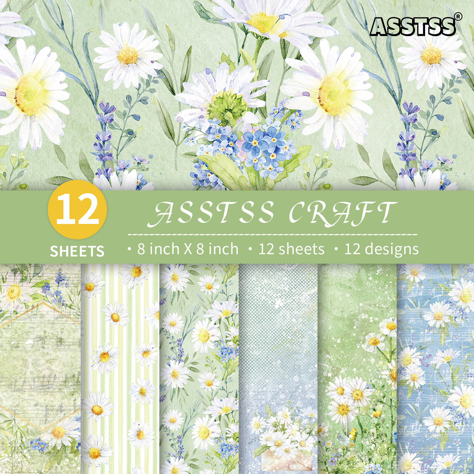 TEMU 12-sheet Asstss Heavyweight Scrapbooking Paper Pad Suitable For Journaling, Collage Art, Greeting Cards & Crafts - 8"x8" Watercolor Daisy Floral