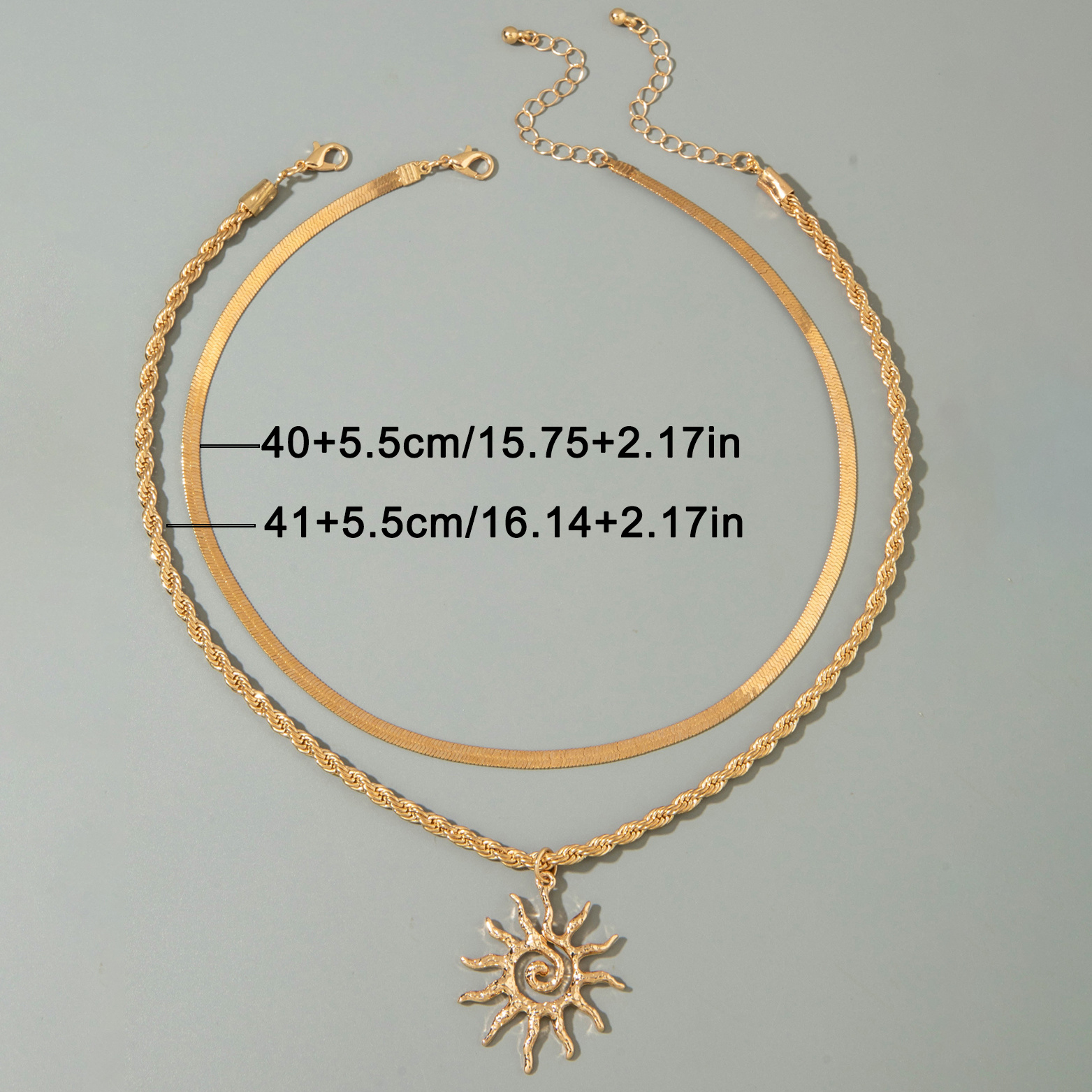 2pc Unique Retro Spiral Sun Pendant Necklace Set, Layered Metal Chains