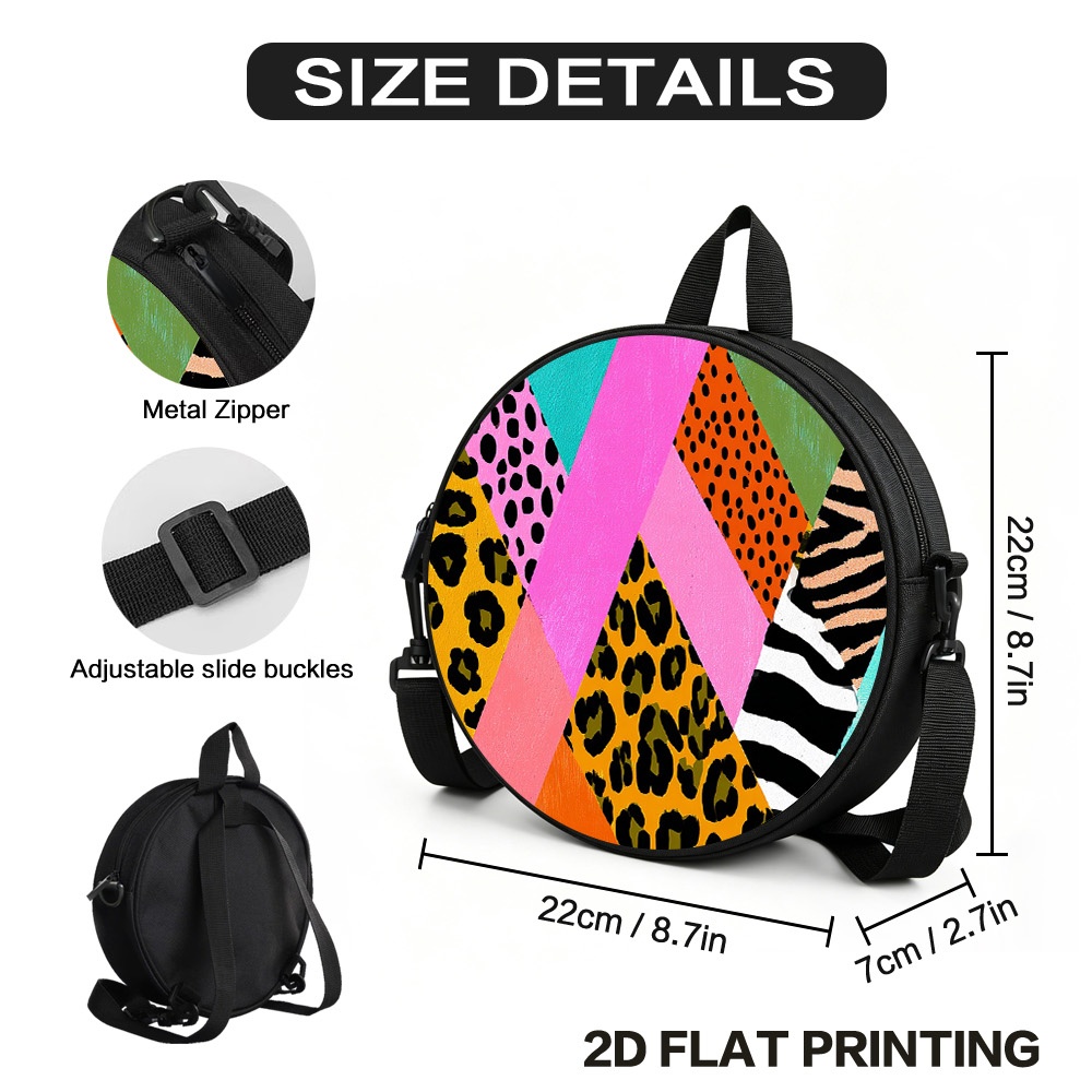 TEMU (2D Plat) 1pc Sac Bandoulière Rond Coloré Géométrique Animal, Sac Bandoulière Rond Style Coréen, et Léger, Lavable, Convient pour le Vêtement