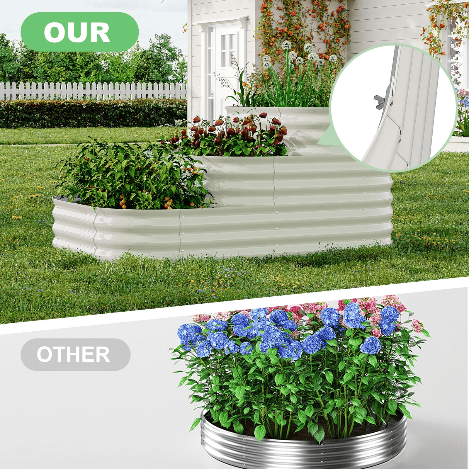 White 3in 1 Oval Elevated Garden Bed, Suitable For Outdoor Use, Deep- Planting Box, Ideal For Growing Vegetables, Flowers And Herbs, Ground Planter Box 154x105x78cm
